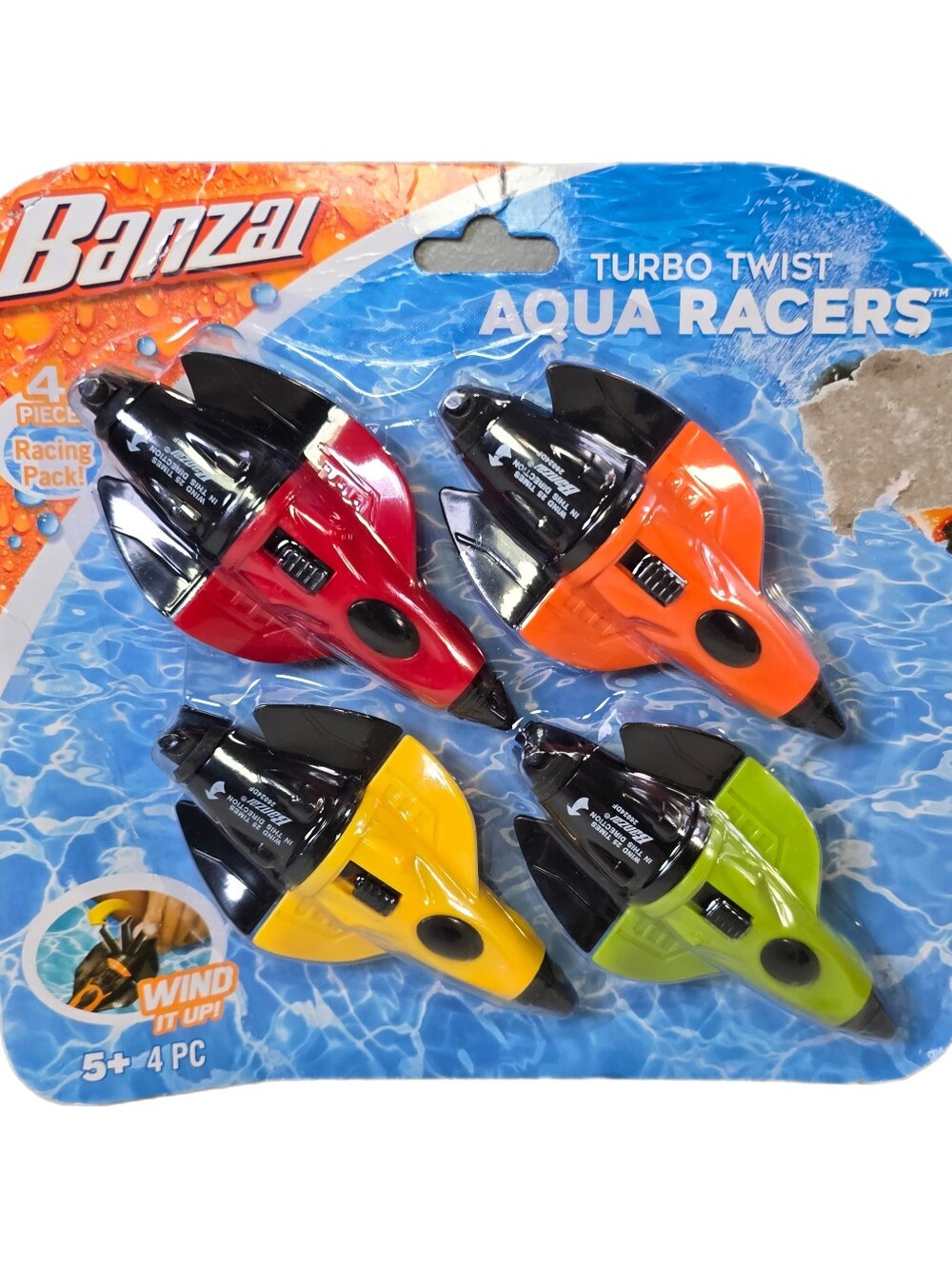 Banzai 4-Pack Turbo Twist Aqua Racers 5"  Wind Up Racing Water Toys NEW